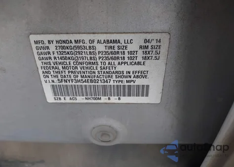 2014 Honda Pilot Ex-L z USA, uszkodzony, nr VIN 5FNYF3H54EB021347